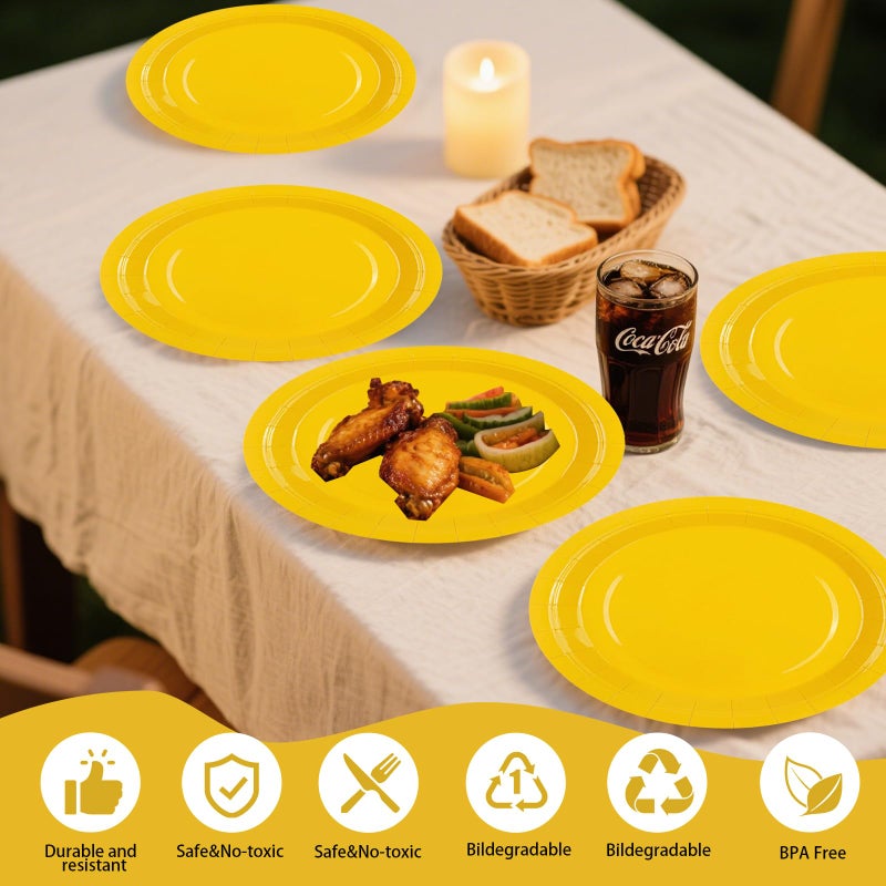 HFBOBP 50PCS Yellow Paper Plates and Napkins Decorations, 7Inch Solid Yellow Dessert Plates Disposable Cake Plate Tableware Set Party Supplies for Birthday Anniversaries Baby Shower Wedding - Image 4