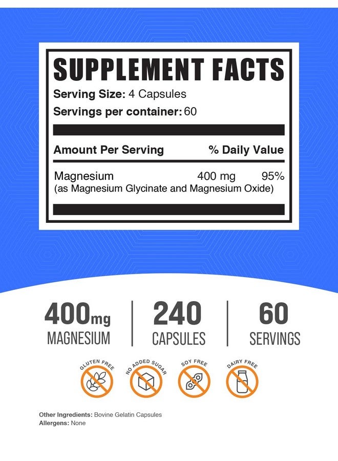BulkSupplements كبسولات ماغنيسيوم غليسينات من بولك سابليمنتس - مكمل ماغنيسيوم، ماغنيسيوم غليسينات 400 ملغ - خالي من الغلوتين، 4 كبسولات لكل حصة، 240 عدد (عبوة من 1) - Image 2