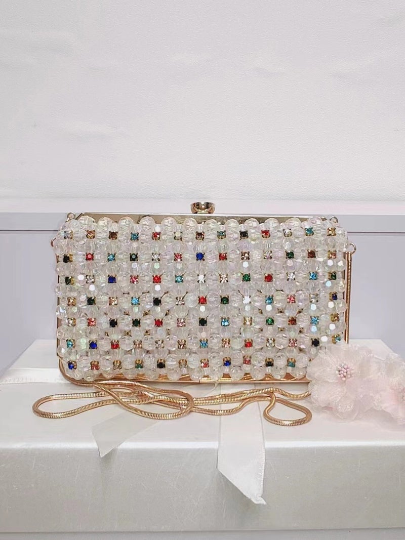 Pure Handmade String Pearl Gem Colored Diamond Sewing Hand-Held Crossbody Women'S Bag Evening Bag High-End Shiny Dress Women'S - Image 2