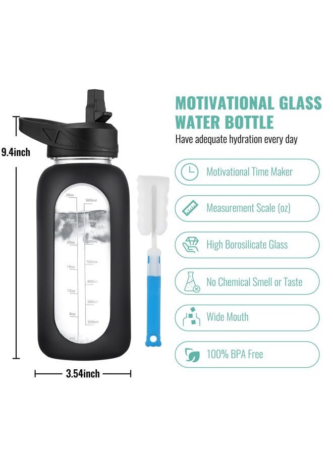 CIVAGO 40 oz Glass Water Bottle with Straw and Handle, Large Sports Motivational Water Bottle Flask with Time Marker and 2 Lids, Leakproof Water Jug Canteen with Silicone Sleeve for Gym,Navy - Image 2