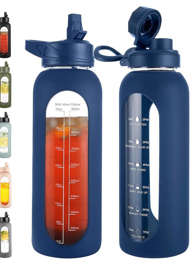 CIVAGO 40 oz Glass Water Bottle with Straw and Handle, Large Sports Motivational Water Bottle Flask with Time Marker and 2 Lids, Leakproof Water Jug Canteen with Silicone Sleeve for Gym,Navy - Image 1