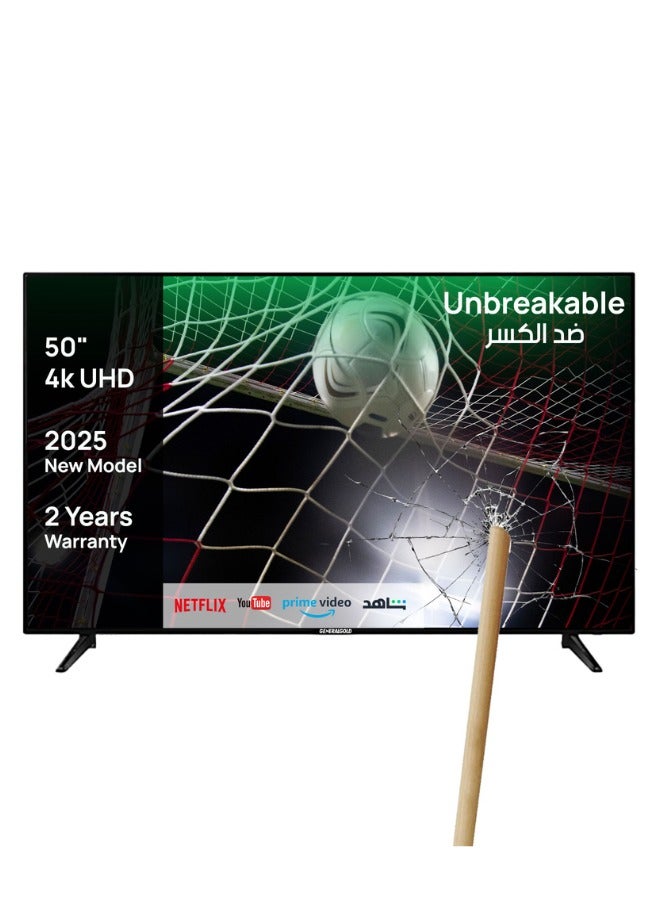 جينيرال جولد تلفزيون ذكي من جينرال جولد 50 بوصة 4K Ultra HD، شاشة زجاجية مزدوجة غير قابلة للكسر، موديل 2025 الجديد، أندرويد 14.0، مع Netflix، YouTube، Prime Video، Shahid، 8 جيجابايت ذاكرة تخزين، 1.5 جيجابايت ذاكرة وصول عشوائين - Image 1
