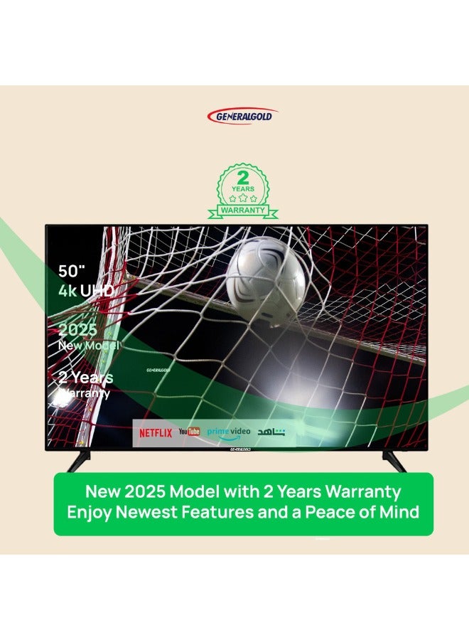 جينيرال جولد تلفزيون ذكي من جينرال جولد 50 بوصة 4K Ultra HD، شاشة زجاجية مزدوجة غير قابلة للكسر، موديل 2025 الجديد، أندرويد 14.0، مع Netflix، YouTube، Prime Video، Shahid، 8 جيجابايت ذاكرة تخزين، 1.5 جيجابايت ذاكرة وصول عشوائين - Image 3