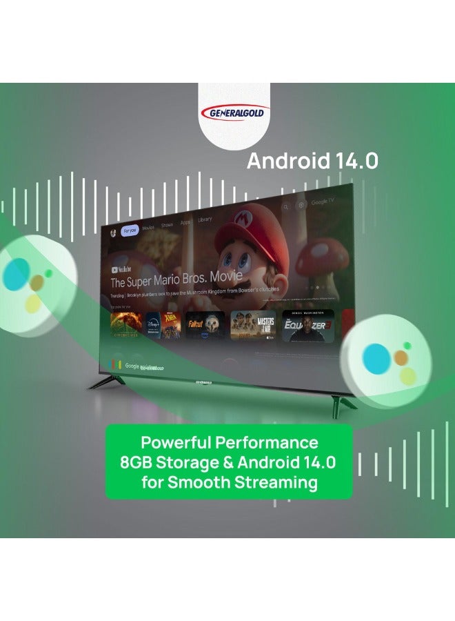 جينيرال جولد تلفزيون ذكي من جينرال جولد 50 بوصة 4K Ultra HD، شاشة زجاجية مزدوجة غير قابلة للكسر، موديل 2025 الجديد، أندرويد 14.0، مع Netflix، YouTube، Prime Video، Shahid، 8 جيجابايت ذاكرة تخزين، 1.5 جيجابايت ذاكرة وصول عشوائين - Image 5