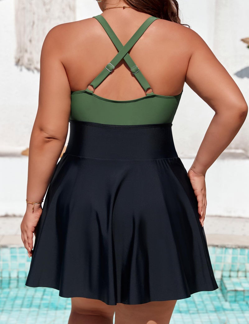 Charmo Women's Plus Size Swimsuit with Side Pockets One Piece Tummy Control Bathing Suit Push Up V Neck Swim Dress Army Green and Black 2X - Image 2