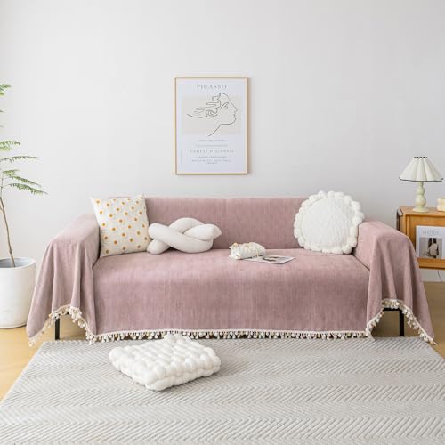 HANDONTIME Soild Couch Covers for Dogs Pink-Purple Sofa Covers Boho Cover for Sofa 3 Seats Chenille Sofa Throw Cover Mauve Sofa Covers for 3 Cushion Couch Tassel, Washable, Pet Friendly, 71" X118" - Image 1