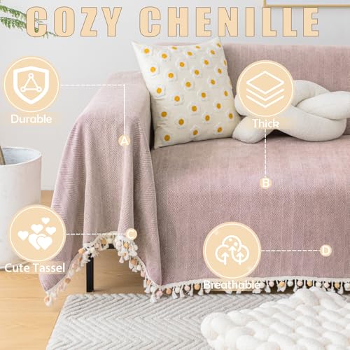 HANDONTIME Soild Couch Covers for Dogs Pink-Purple Sofa Covers Boho Cover for Sofa 3 Seats Chenille Sofa Throw Cover Mauve Sofa Covers for 3 Cushion Couch Tassel, Washable, Pet Friendly, 71" X118" - Image 2