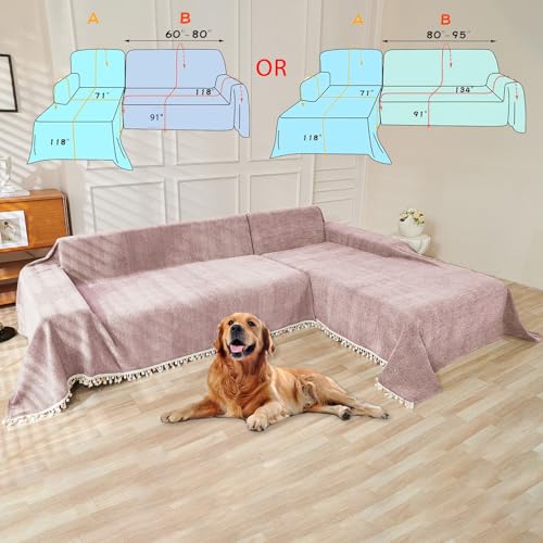 HANDONTIME Soild Couch Covers for Dogs Pink-Purple Sofa Covers Boho Cover for Sofa 3 Seats Chenille Sofa Throw Cover Mauve Sofa Covers for 3 Cushion Couch Tassel, Washable, Pet Friendly, 71" X118" - Image 3