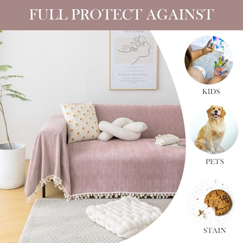 HANDONTIME Soild Couch Covers for Dogs Pink-Purple Sofa Covers Boho Cover for Sofa 3 Seats Chenille Sofa Throw Cover Mauve Sofa Covers for 3 Cushion Couch Tassel, Washable, Pet Friendly, 71" X118" - Image 4
