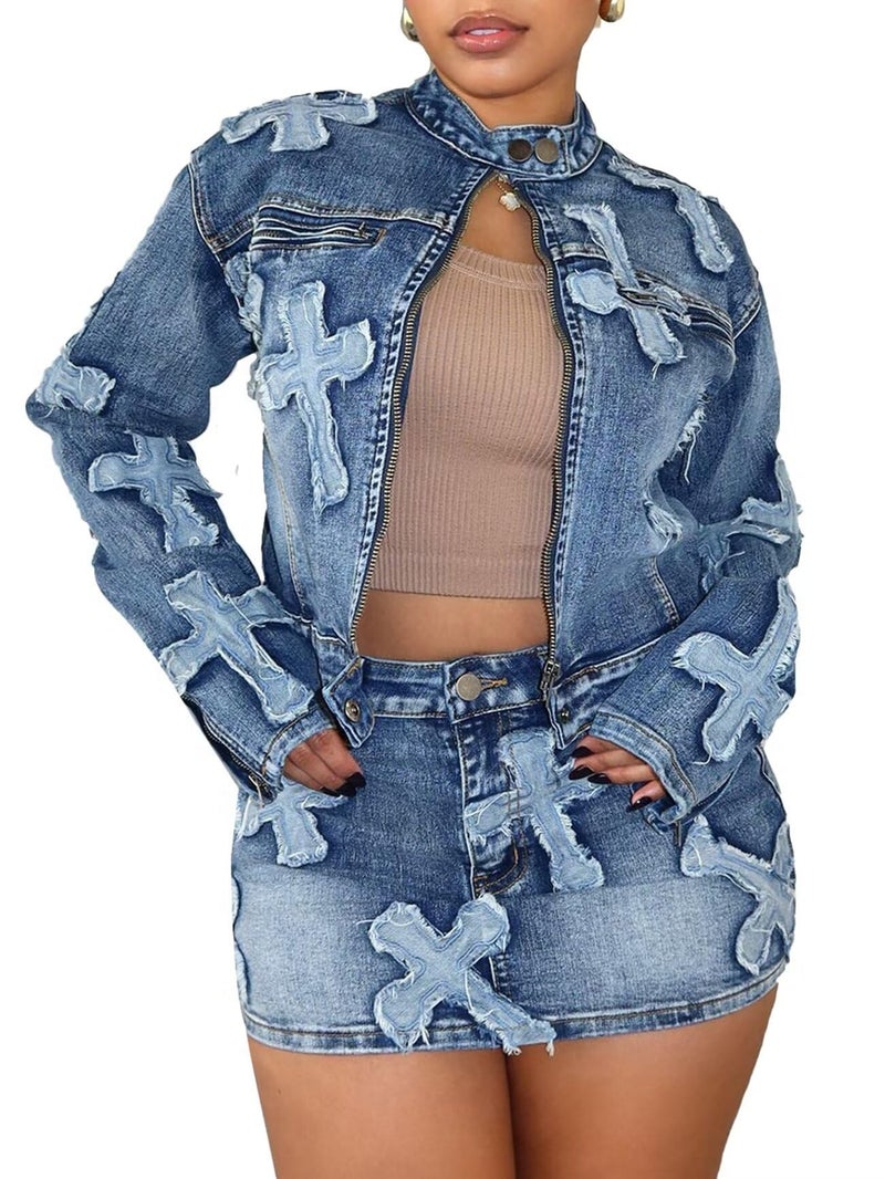 Uni Clau 2 Piece Denim Skirt Set for Women Y2K Long Sleeve Zipper Jean Jacket Top Mini Skirt Bodycon Set Two Piece Outfits Blue - Image 1