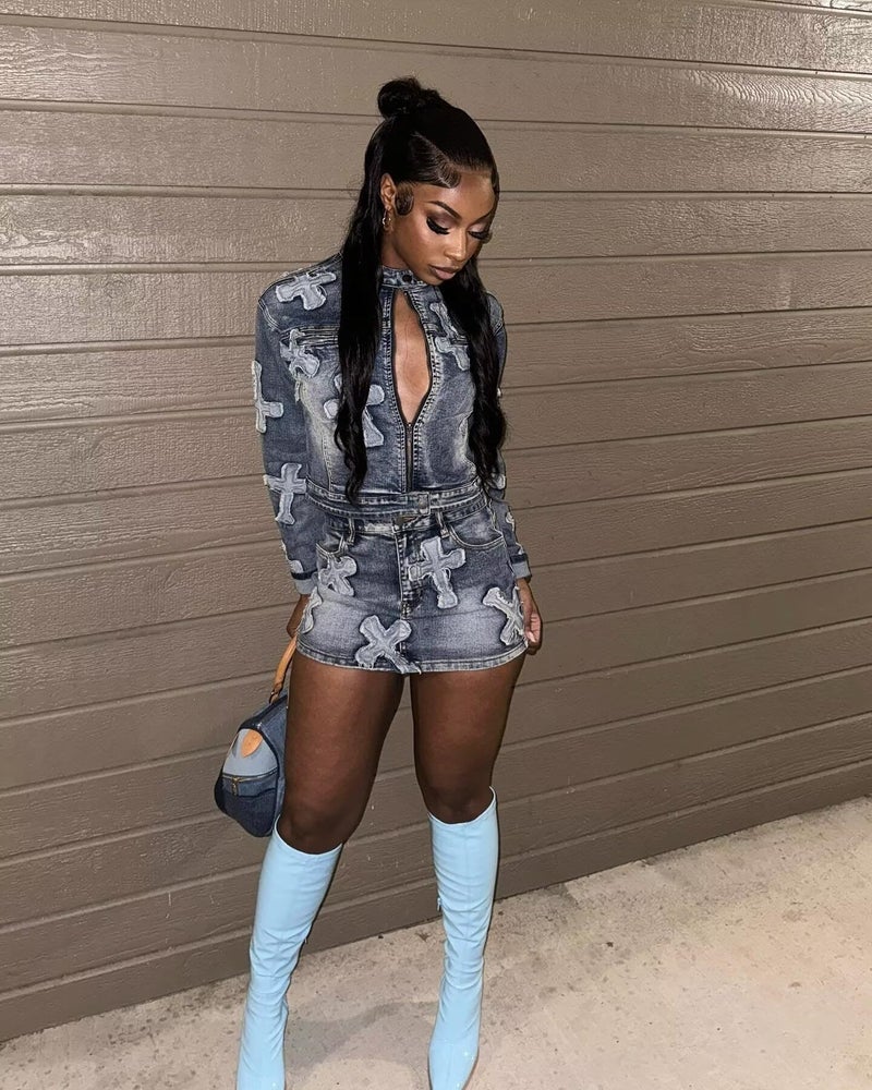 Uni Clau 2 Piece Denim Skirt Set for Women Y2K Long Sleeve Zipper Jean Jacket Top Mini Skirt Bodycon Set Two Piece Outfits Blue - Image 4