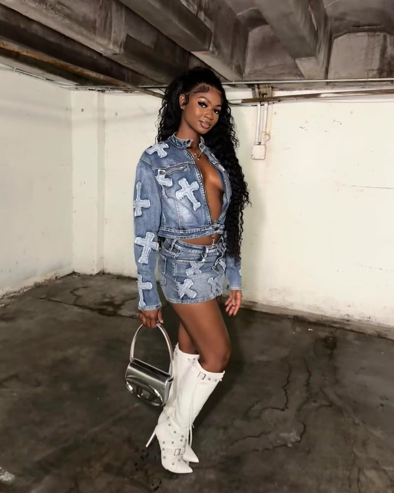 Uni Clau 2 Piece Denim Skirt Set for Women Y2K Long Sleeve Zipper Jean Jacket Top Mini Skirt Bodycon Set Two Piece Outfits Blue - Image 3