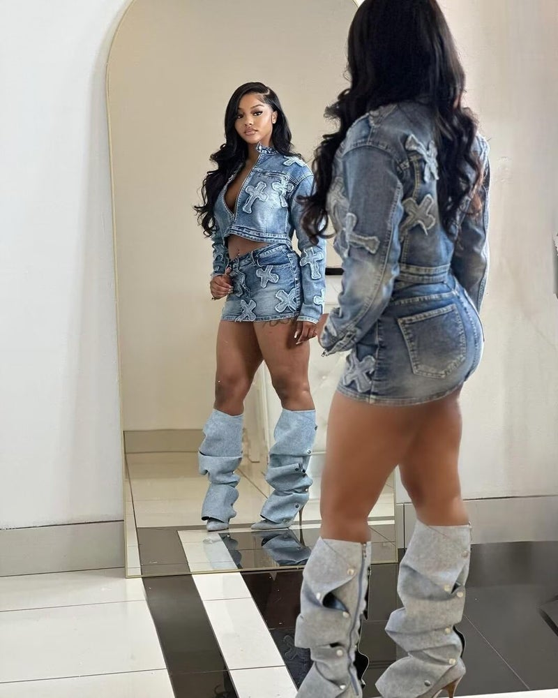 Uni Clau 2 Piece Denim Skirt Set for Women Y2K Long Sleeve Zipper Jean Jacket Top Mini Skirt Bodycon Set Two Piece Outfits Blue - Image 5