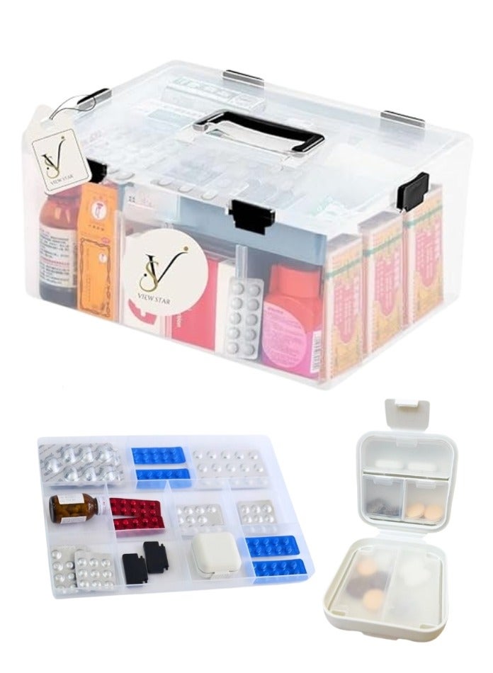 فيوستار صندوق دواء Viewstar مع منظم حبوب الجيب  صندوق طبي شفاف - صندوق حاوية إسعافات أولية بلاستيكي -صندوق تخزين عائلي محمول متعدد الطبقات للمنزل والسفر - Image 1