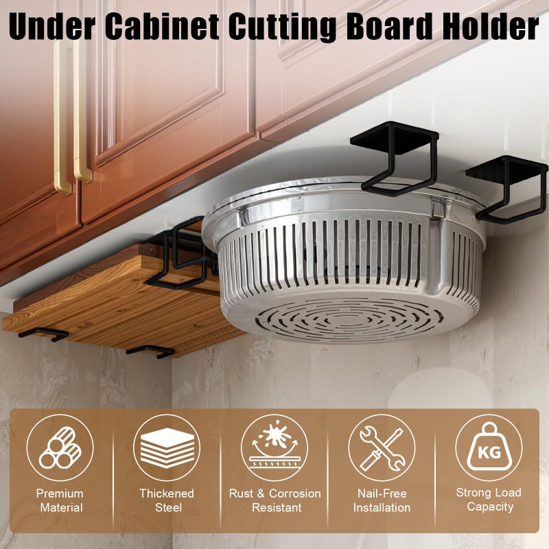 YCQDDA Under Cabinet Cutting Board Holder â€“ 12 Pack Pot Lid & Chopping Board Organizer Rack, Stainless Steel Adhesive Storage for Kitchen Cabinets & Counter, No Drilling Required (Black) - Image 3