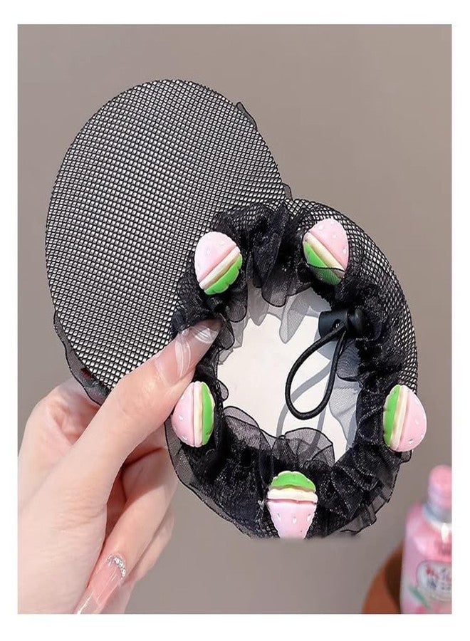 DORMITORRY Girls Hair Net Bun Holder with Colorful 3D Decorations, Soft Black Mesh for Secure Fit, Perfect for Dance, Parties & Daily, Floral and Food Designs for a Fun, 3 Pcs - Multi Design. - Image 4