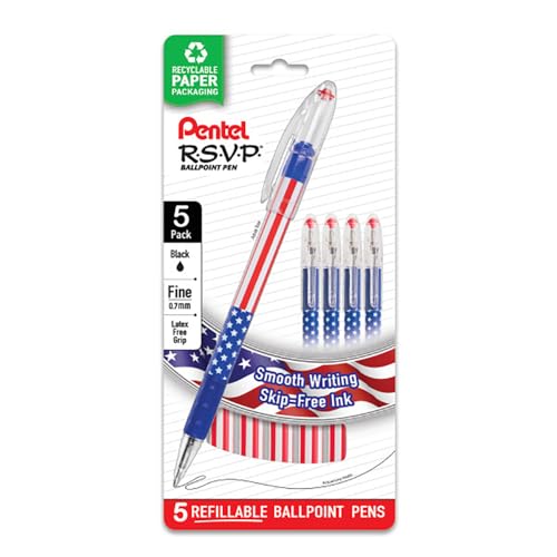 Pentel R.S.V.P. Ballpoint Pen, Fine Line, Stars & Stripes Barrel, Black Ink, 5 Pack - Image 1