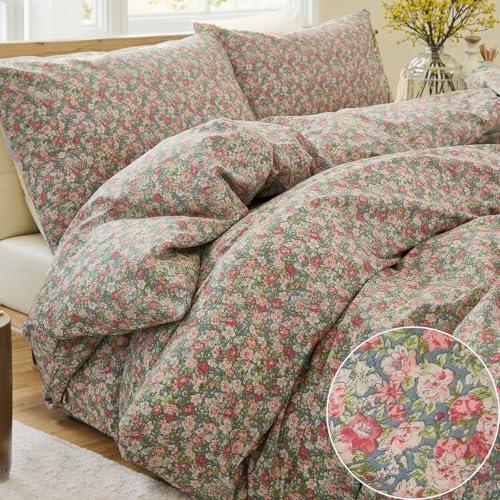 Bedding_Dreamer Ditsy Floral Bedding Set 3-Piece 100% Cotton Duvet Cover with Corner Ties & Zipper Closure – Small Pink & Sage Green Flowers, French Country Cottagecore Shabby Chic Farmhouse Style - Image 4