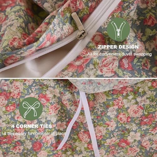 Bedding_Dreamer Ditsy Floral Bedding Set 3-Piece 100% Cotton Duvet Cover with Corner Ties & Zipper Closure – Small Pink & Sage Green Flowers, French Country Cottagecore Shabby Chic Farmhouse Style - Image 3