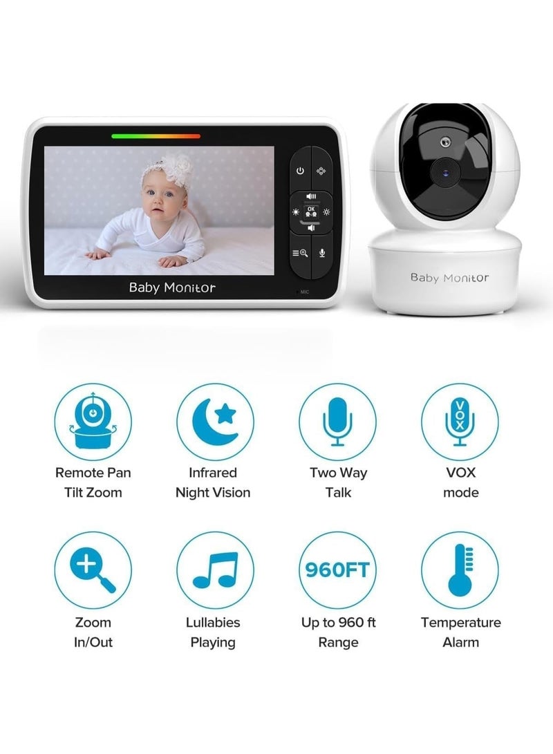 MARHABABY Baby Monitor Camera - Large 5" Screen with 30Hrs Battery Life - Remote Pan-Tilt-Zoom;No WiFi, Two-Way Audio, Night Vision, Temperature, Lullabies, 960ft Long Range Baby Monitor - Image 2