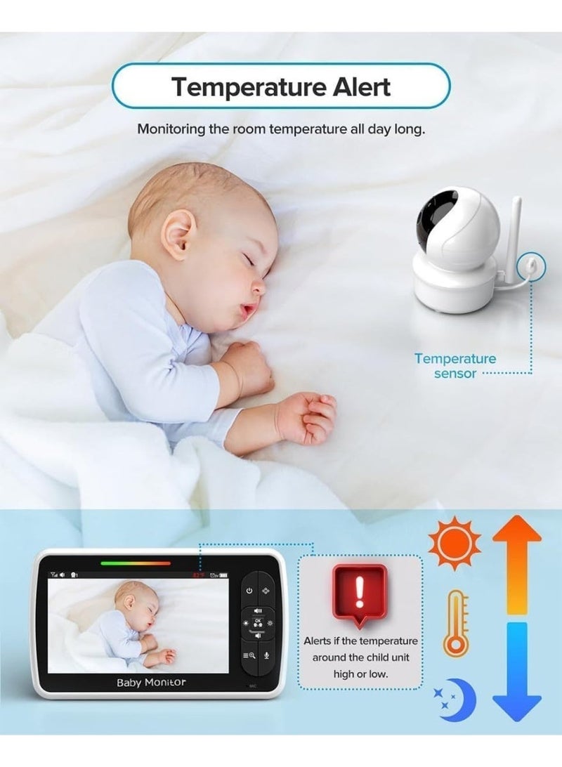 MARHABABY Baby Monitor Camera - Large 5" Screen with 30Hrs Battery Life - Remote Pan-Tilt-Zoom;No WiFi, Two-Way Audio, Night Vision, Temperature, Lullabies, 960ft Long Range Baby Monitor - Image 4