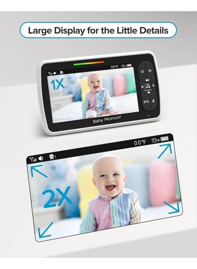 MARHABABY Baby Monitor Camera - Large 5" Screen with 30Hrs Battery Life - Remote Pan-Tilt-Zoom;No WiFi, Two-Way Audio, Night Vision, Temperature, Lullabies, 960ft Long Range Baby Monitor - Image 3