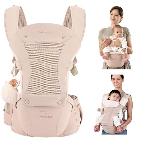 Bebamour Baby Carrier with Hip Seat,All-Position Breathable Mesh Hip Seat & Carrier 0-36Months with Head Hood, 3 PCS Teething Pads, Waist Extender,Storage Bag & Pacifier Case (Pink) - Image 1