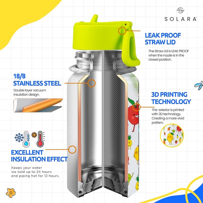 SOLARA Amazi Kids Insulated Water Bottle for Kids 450ml, Kids Water Bottle, Sipper Bottle for Kids, Thermosteel Kids Bottles, Stainless Steel Water Bottles for Kids, Straw Bottle for Kids, Fruit - Image 2