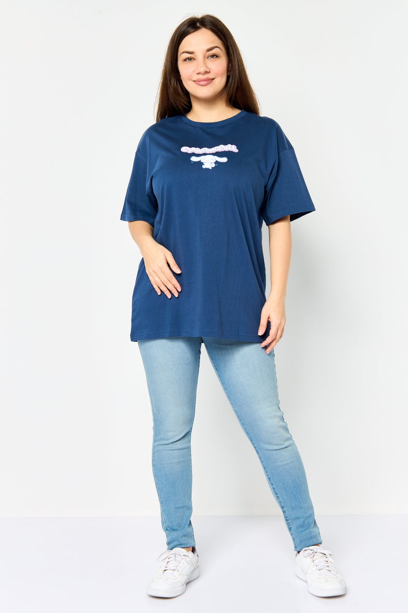 Cinnamoroll Women Crew Neck Short Sleeve Graphic Print T-shirt, Navy - Image 3