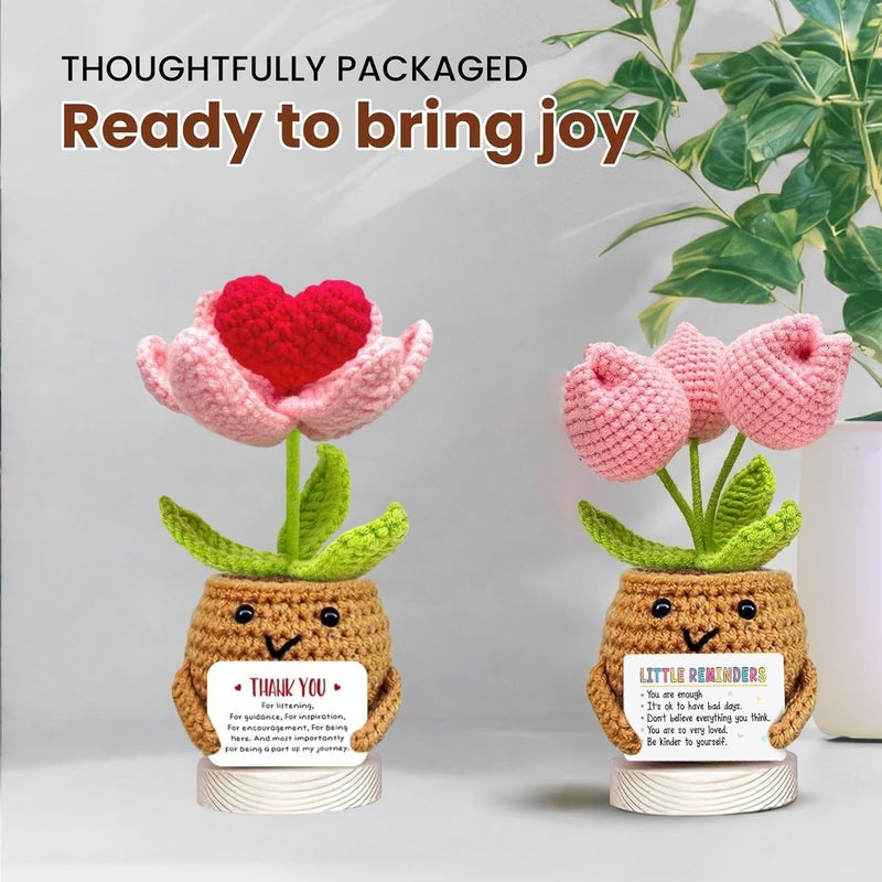 Happy Threads Little Reminder Pink Tulip Pot with Inspirational Message Card, Handmade Crochet Potted Flower Decoration, Cute Desk & Shelf Décor, Thoughtful Gift for Friends, Mom & Partners - Image 3