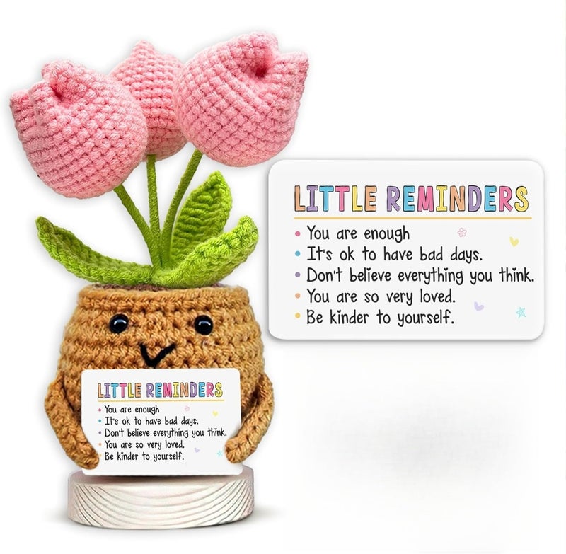 Happy Threads Little Reminder Pink Tulip Pot with Inspirational Message Card, Handmade Crochet Potted Flower Decoration, Cute Desk & Shelf Décor, Thoughtful Gift for Friends, Mom & Partners - Image 1