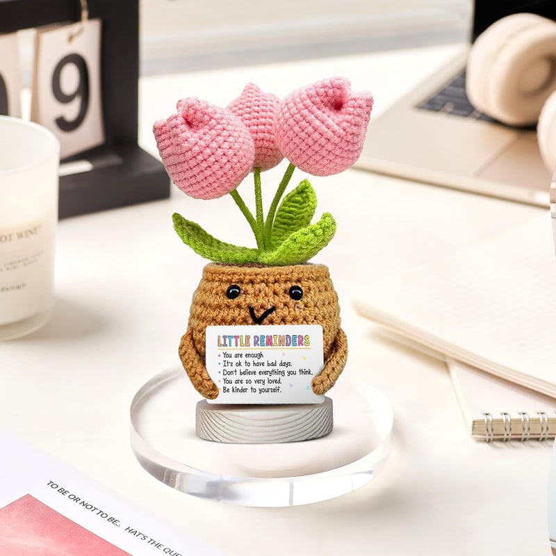 Happy Threads Little Reminder Pink Tulip Pot with Inspirational Message Card, Handmade Crochet Potted Flower Decoration, Cute Desk & Shelf Décor, Thoughtful Gift for Friends, Mom & Partners - Image 2