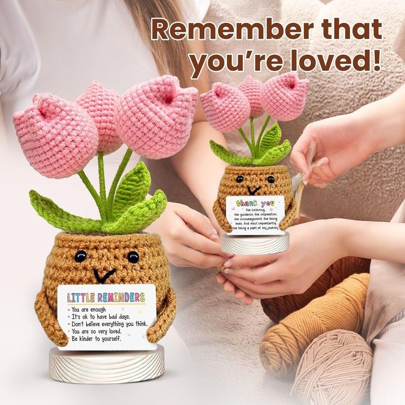 Happy Threads Little Reminder Pink Tulip Pot with Inspirational Message Card, Handmade Crochet Potted Flower Decoration, Cute Desk & Shelf Décor, Thoughtful Gift for Friends, Mom & Partners - Image 4