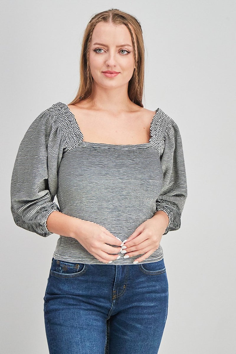 Uterque Women Square Neck Long Sleeve Stripe Top, Black - Image 1