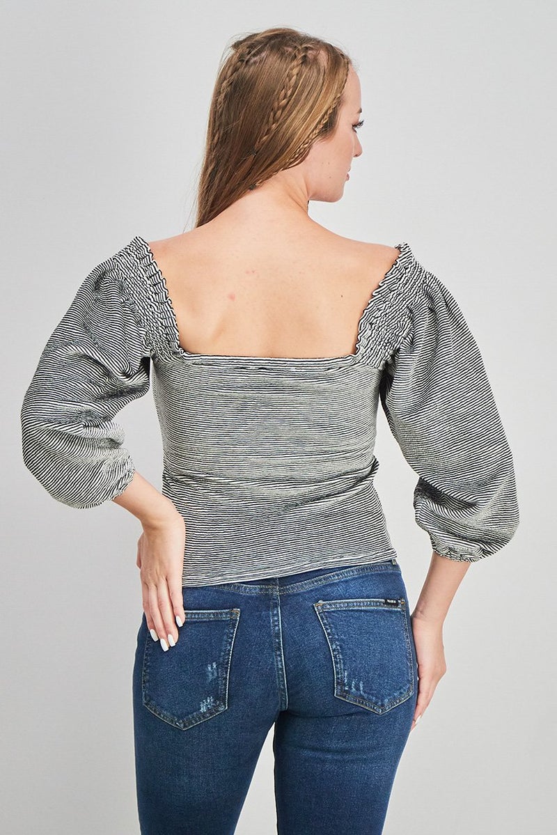 Uterque Women Square Neck Long Sleeve Stripe Top, Black - Image 3