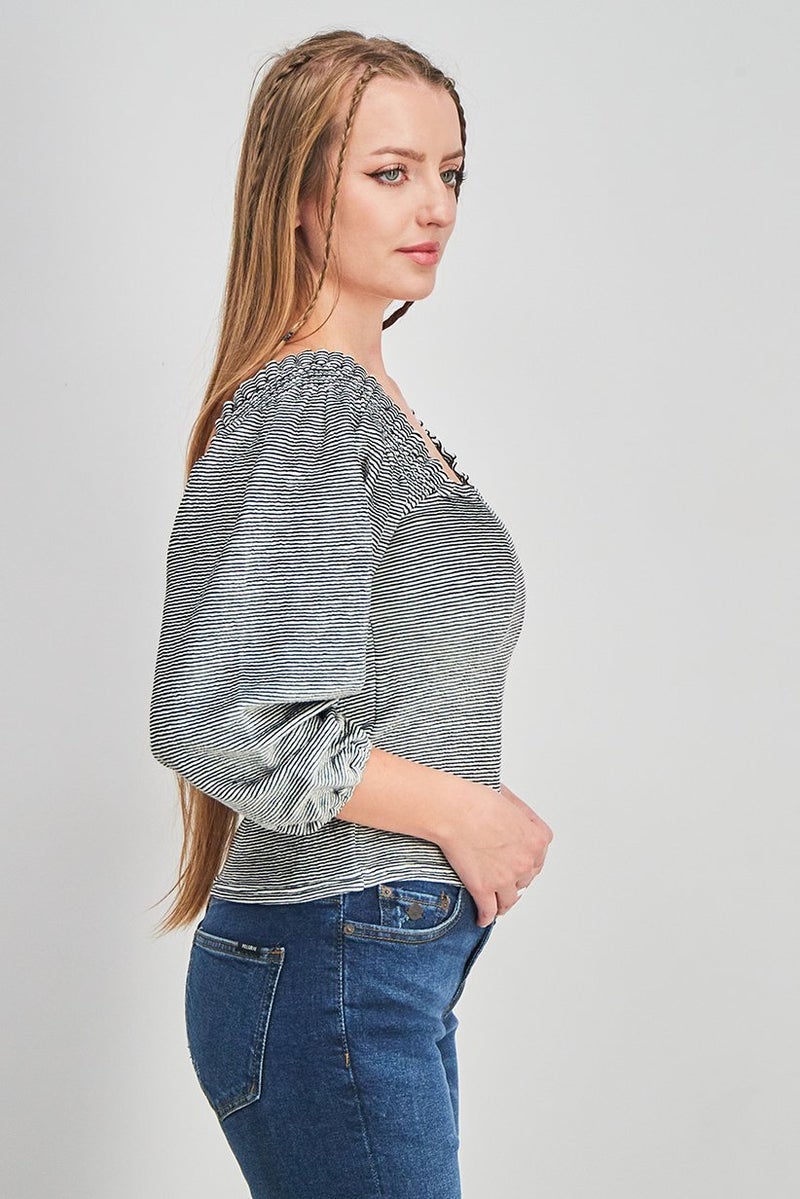 Uterque Women Square Neck Long Sleeve Stripe Top, Black - Image 4
