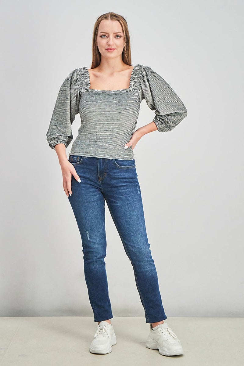 Uterque Women Square Neck Long Sleeve Stripe Top, Black - Image 2