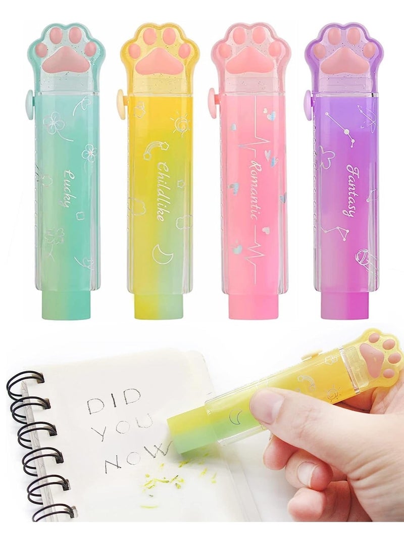 الأزرق جي دبليو Erasers Cat PawRetractable Eraser for Kids Gradient Color Rainbow Cute Rubber Push-Pull Students Writing Office School Supplies 4Pcs - Image 1