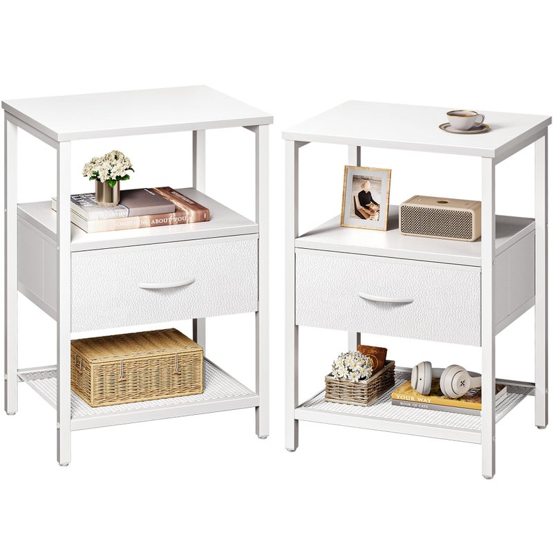 Huuger Nightstand Set of 2, Night Stand with Fabric Drawer, Mesh Shelf, Side Table with Storage, Fabric Drawer Dresser, Open Shelf, Metal Frame, Bedroom, White - Image 1