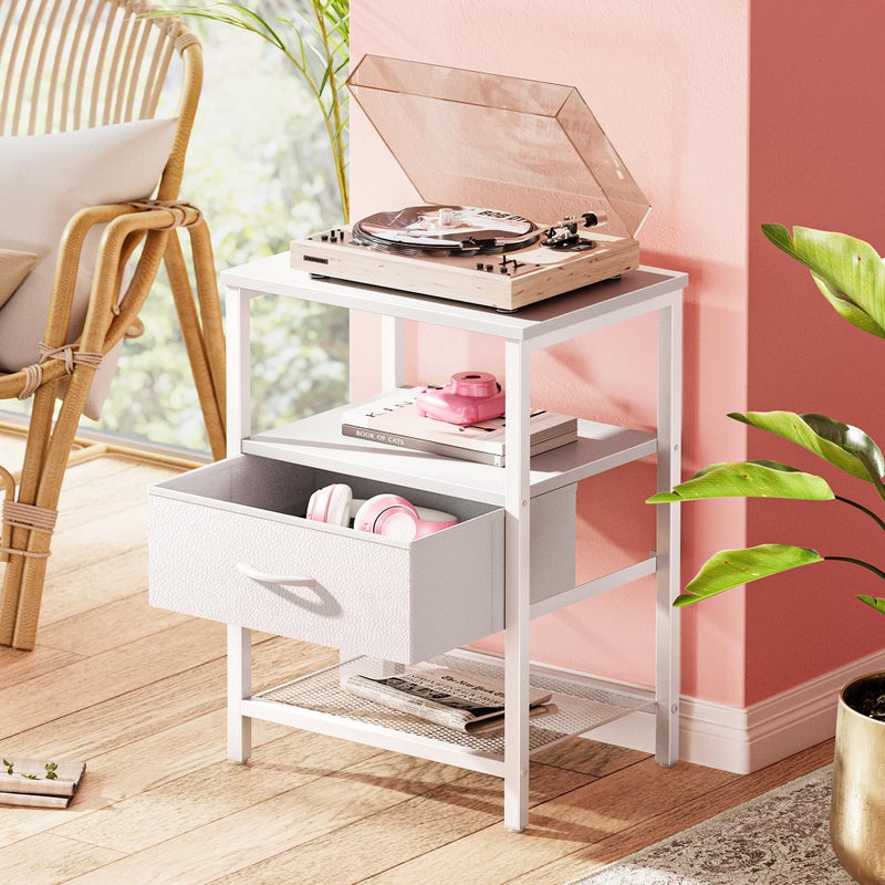 Huuger Nightstand Set of 2, Night Stand with Fabric Drawer, Mesh Shelf, Side Table with Storage, Fabric Drawer Dresser, Open Shelf, Metal Frame, Bedroom, White - Image 3