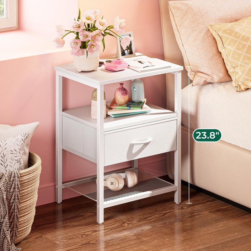Huuger Nightstand Set of 2, Night Stand with Fabric Drawer, Mesh Shelf, Side Table with Storage, Fabric Drawer Dresser, Open Shelf, Metal Frame, Bedroom, White - Image 2