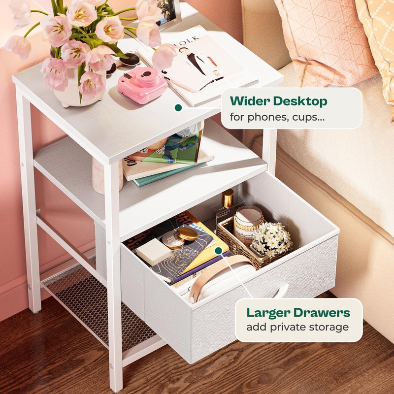 Huuger Nightstand Set of 2, Night Stand with Fabric Drawer, Mesh Shelf, Side Table with Storage, Fabric Drawer Dresser, Open Shelf, Metal Frame, Bedroom, White - Image 5