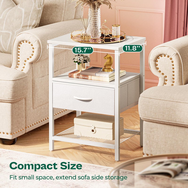 Huuger Nightstand Set of 2, Night Stand with Fabric Drawer, Mesh Shelf, Side Table with Storage, Fabric Drawer Dresser, Open Shelf, Metal Frame, Bedroom, White - Image 4