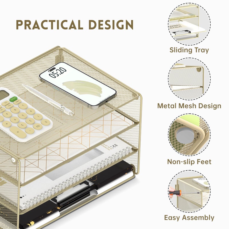 DALTACK 3 Tier Letter Tray Paper Organizer Mesh Metal Desk File Organizer for Home & Office, Golden Yellow - Image 4