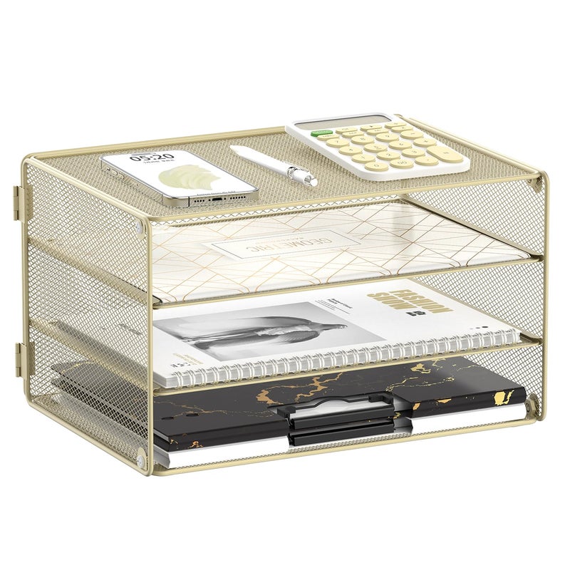 DALTACK 3 Tier Letter Tray Paper Organizer Mesh Metal Desk File Organizer for Home & Office, Golden Yellow - Image 1