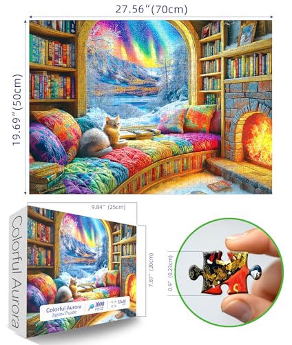 Blueforest Northern Lights Landscape Jigsaw Puzzles for Adults Fantasy Fairy Cat 1000 Piece Book Room Puzzle for Adults with Letters on Back Challenging Family Puzzle - Image 5