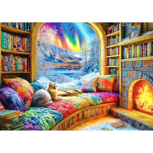 Blueforest Northern Lights Landscape Jigsaw Puzzles for Adults Fantasy Fairy Cat 1000 Piece Book Room Puzzle for Adults with Letters on Back Challenging Family Puzzle - Image 1