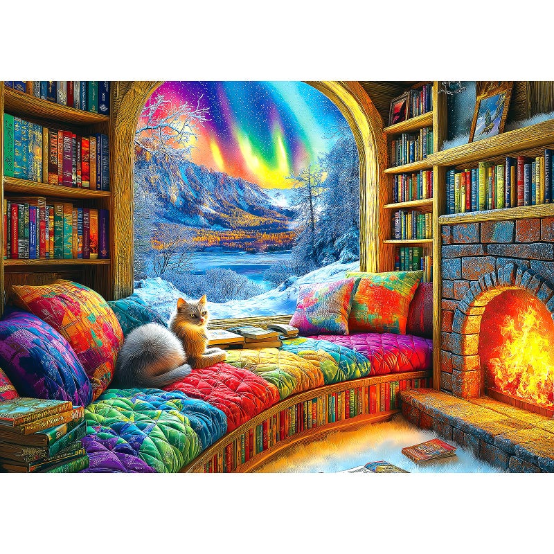 Blueforest Northern Lights Landscape Jigsaw Puzzles for Adults Fantasy Fairy Cat 1000 Piece Book Room Puzzle for Adults with Letters on Back Challenging Family Puzzle - Image 3