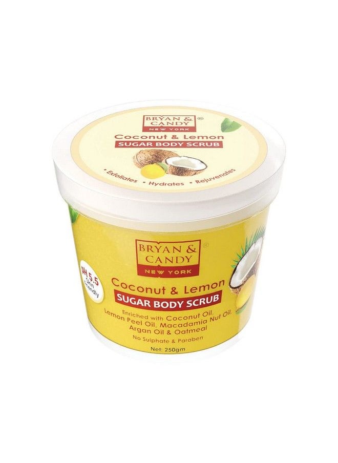 BRYAN & CANDY Coconut & Lemon Sugar Body Scrub Ph 5.5 For Tan Removal & Exfoliation ; For Women & Men ;Coconut Oil Lemon Peel Oil Oatmeal Macadamia And Argan Oil For Smooth Skin 250G  - Image 2