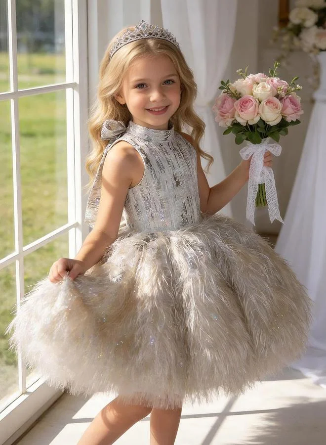 Take Two Girls Gold Faux Fur Embellished A-Line Midi Dress